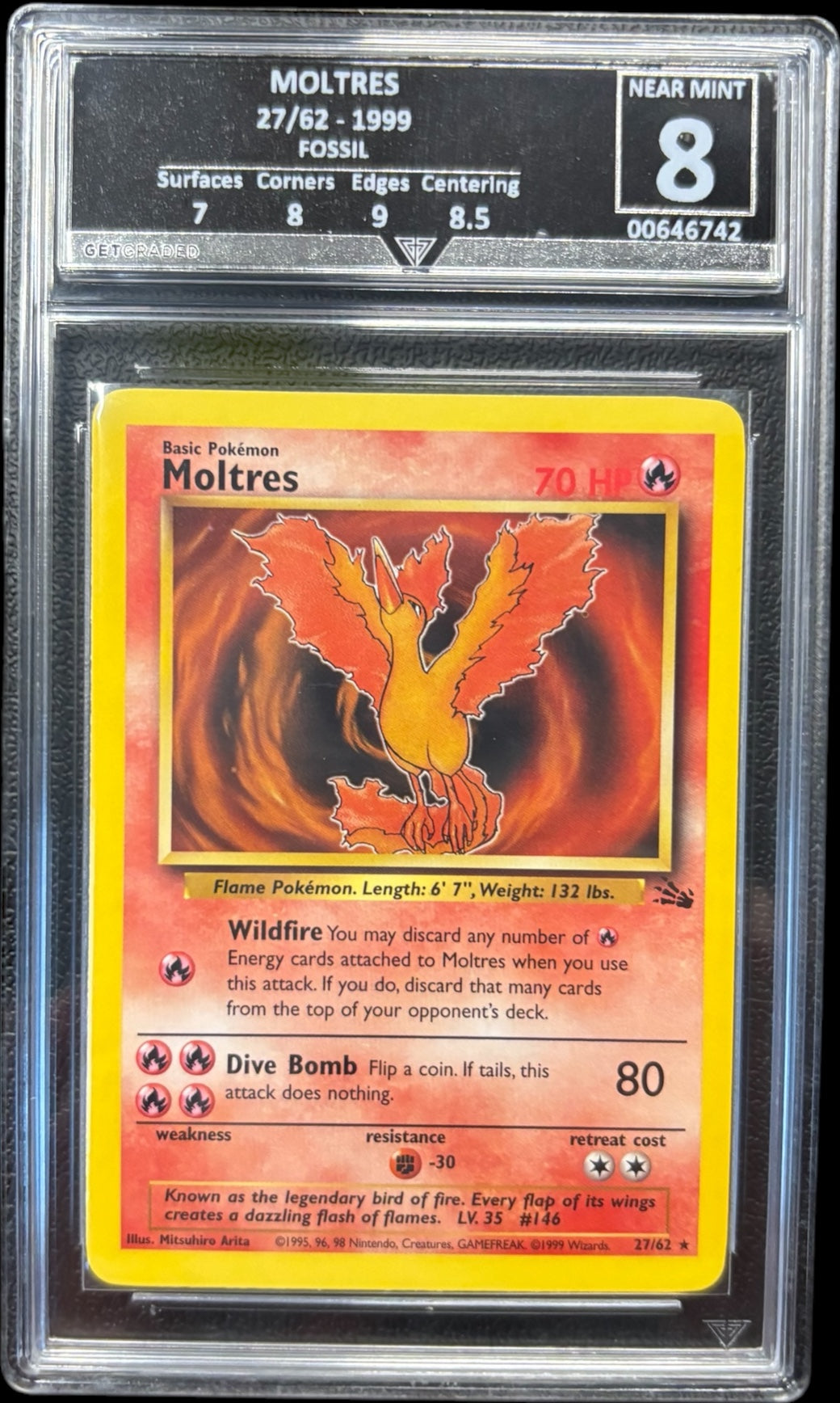 Pokémon MOLTRES 27/62 - 1999 FOSSIL Get Graded 8 Near Mint