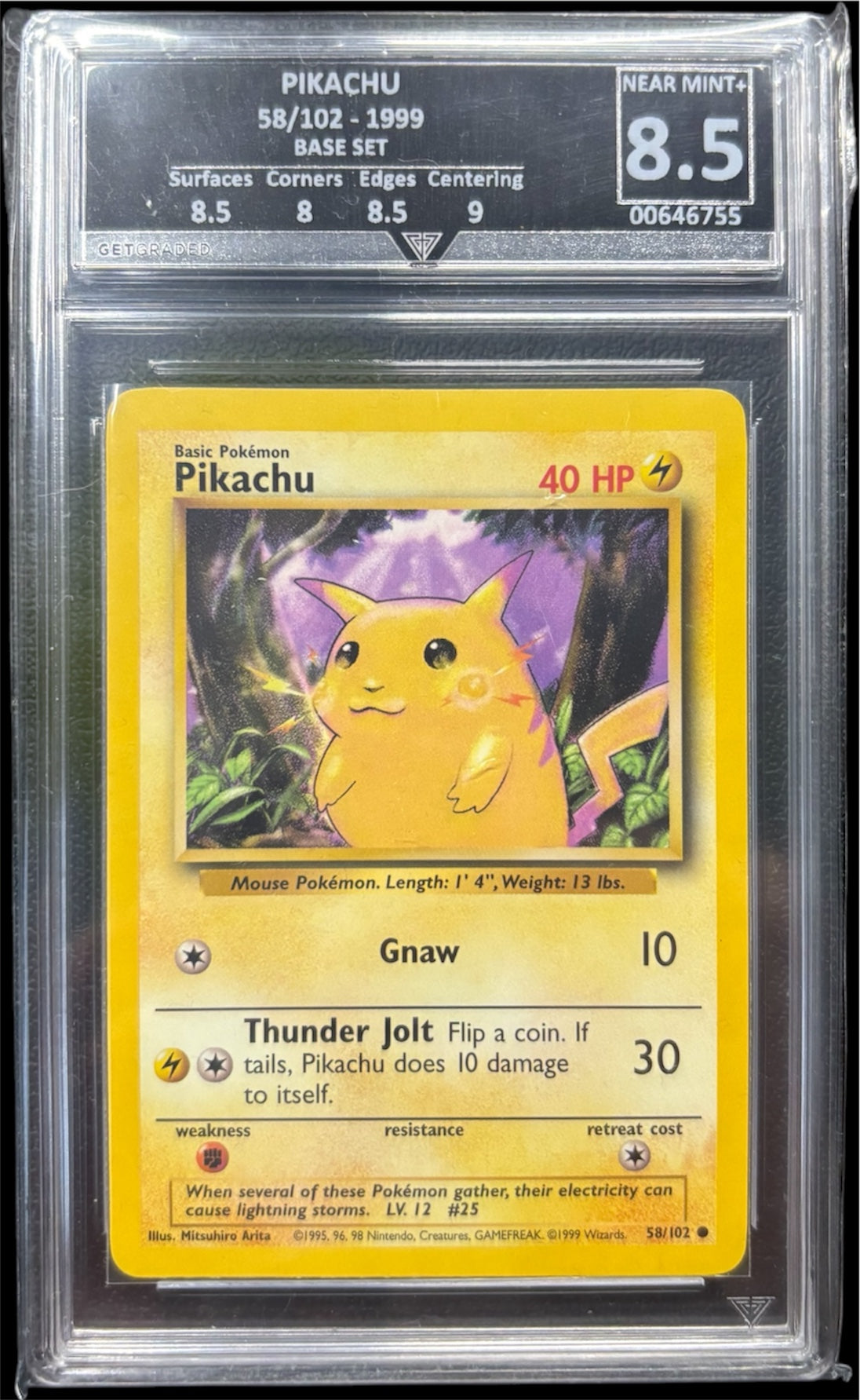 Pokémon PIKACHU 58/102 - 1999 BASE SET Get Graded 8.5 Near Mint +