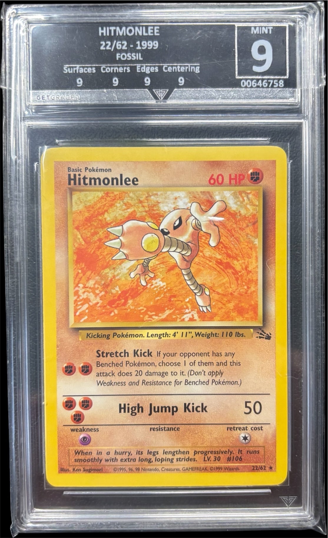 Pokémon HITMONLEE 22/62 - 1999 FOSSIL Get Graded 9 Mint
