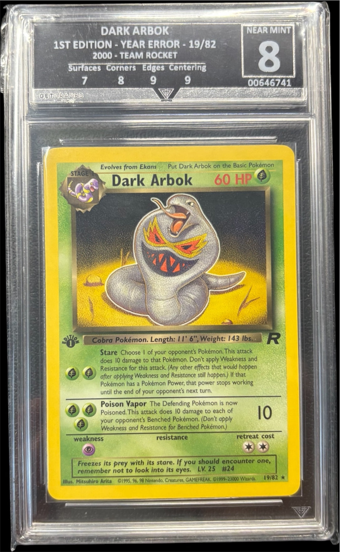 Pokémon DARK ARBOK 1ST EDITION - YEAR ERROR - 19/82 2000 - TEAM ROCKET Get Graded 8