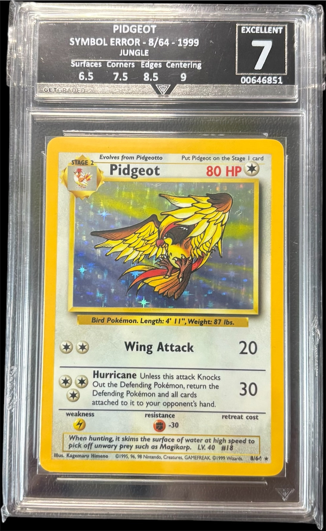 Pokémon PIDGEOT SYMBOL ERROR - 8/64 - 1999 JUNGLE Get Graded 7 Excellent