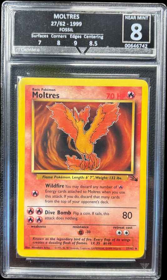 Pokémon MOLTRES 27/62 - 1999 FOSSIL Get Graded 8 Near Mint