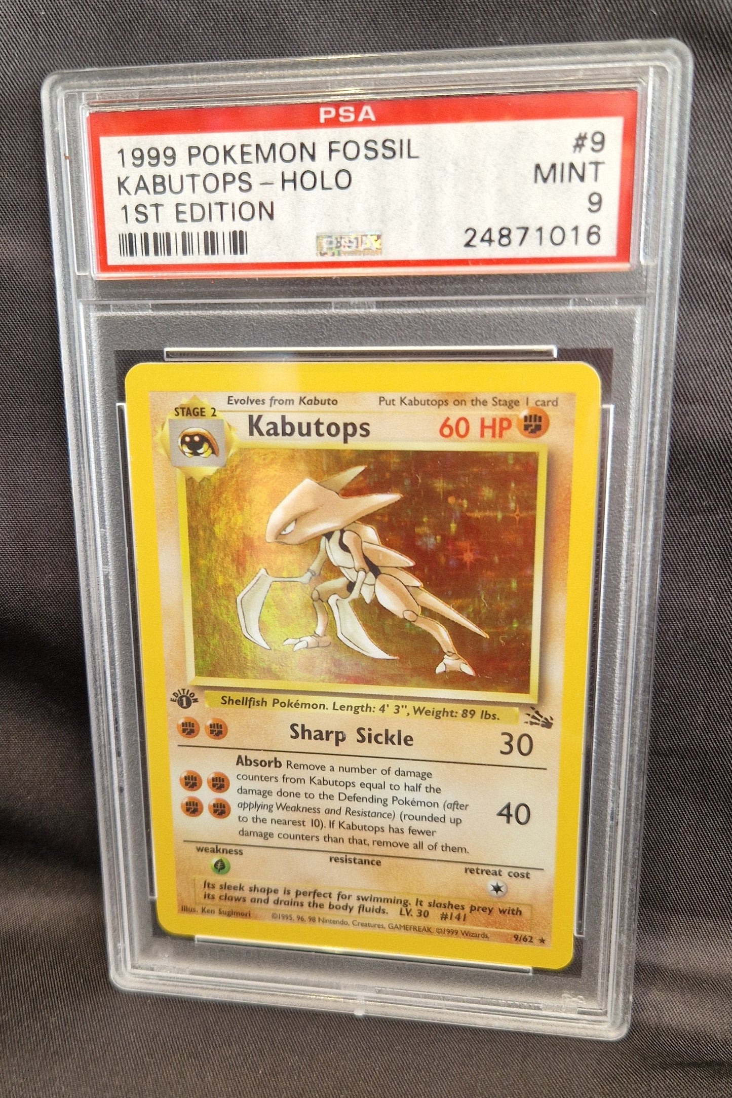 1999 POKEMON FOSSIL KABUTOPS HOLO 9/62 PSA 9 MINT 1ST EDITION