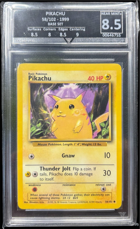 Pokémon PIKACHU 58/102 - 1999 BASE SET Get Graded 8.5 Near Mint +