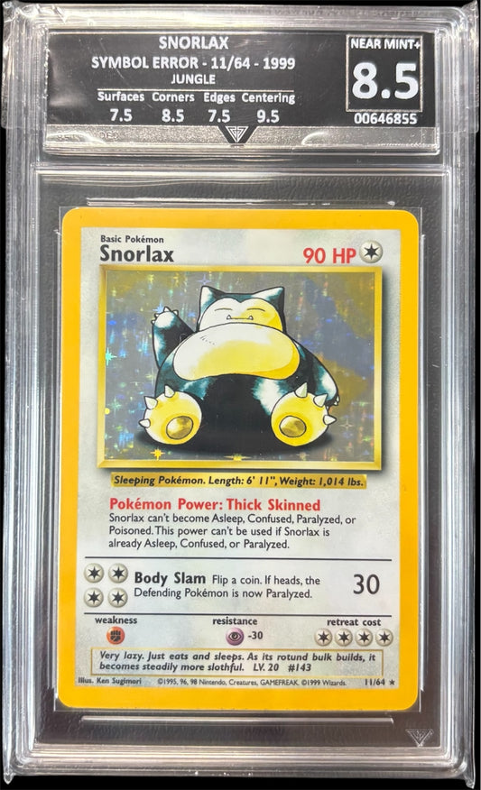 Pokémon SNORLAX SYMBOL ERROR - 11/64 - 1999 JUNGLE Get Graded 8.5 Near Mint +
