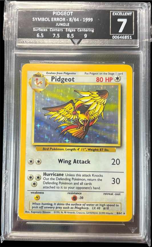 Pokémon PIDGEOT SYMBOL ERROR - 8/64 - 1999 JUNGLE Get Graded 7 Excellent