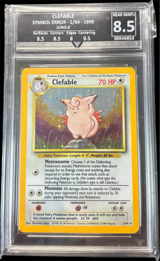 Pokémon CLEFABLE SYMBOL ERROR - 1/64 - 1999 JUNGLE Get Graded 8.5 Near Mint +